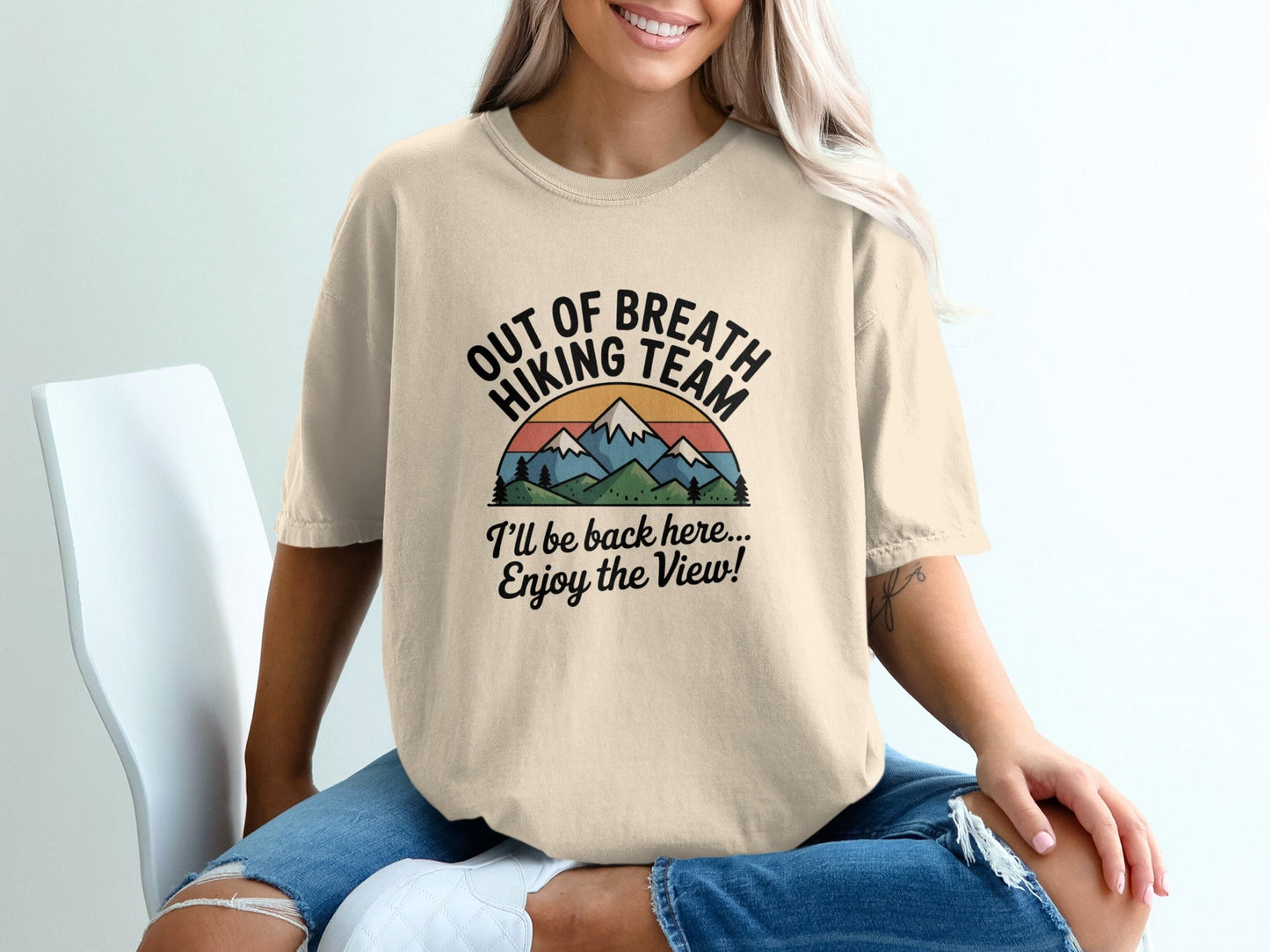"Out of Breath Hiking Team. I'll Be Back Here, Enjoy The View" T-Shirt - S - Sloth & Duck