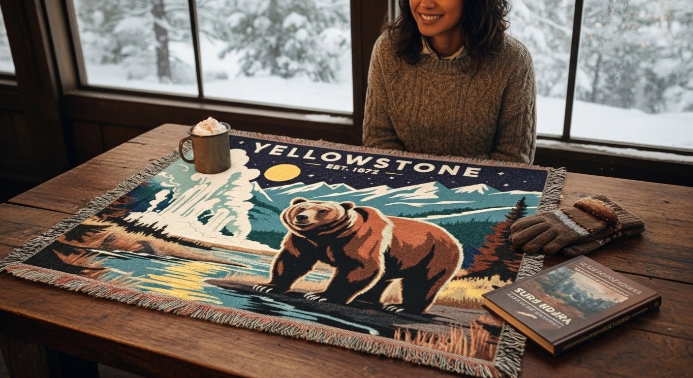 Personalized Yellowstone National Park Woven Blanket - Artwork - Sloth & Duck