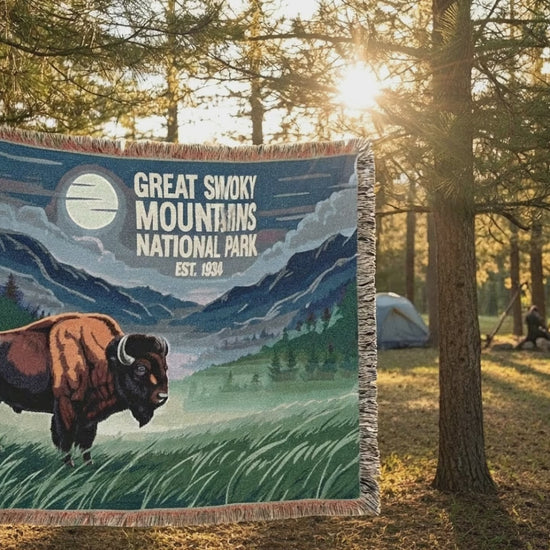 Video of Great Smoky Muntains National PArk Blanket blowing in the wind between 2 trees
