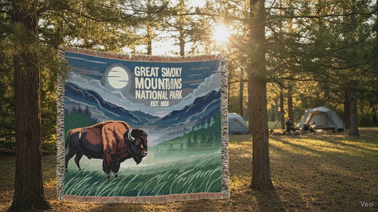 Video of Great Smoky Muntains National PArk Blanket blowing in the wind between 2 trees
