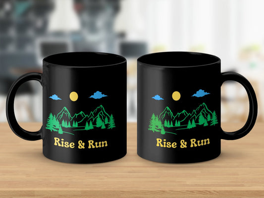 "Rise and Run" Mountain Scene Coffee Mug - Black - Sloth & Duck