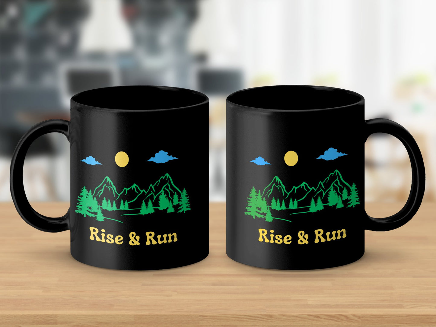 rise and shine mountain graphic black coffee mug
