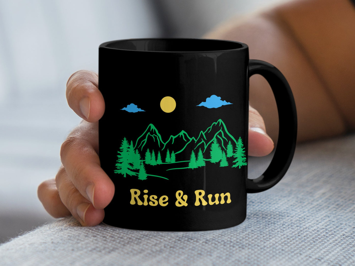 rise and shine mountain graphic black coffee mug back view