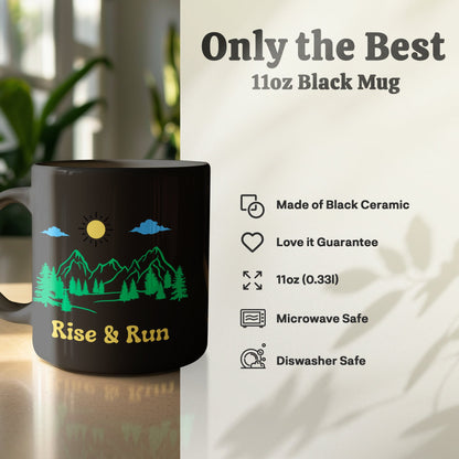 rise and shine mountain graphic black coffee mug features