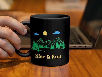 rise and shine mountain graphic black coffee mug front view