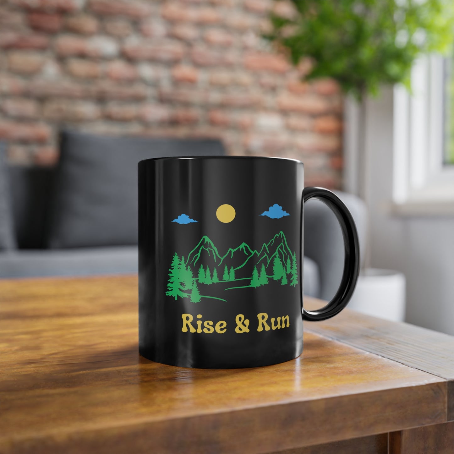rise and shine mountain graphic black coffee mug side view 2