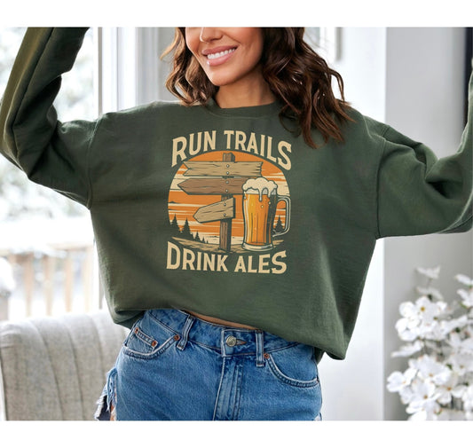 "Run Trails Drink Ales" Sweatshirt Round Neck Pullover - Dark Heather - Sloth & Duck