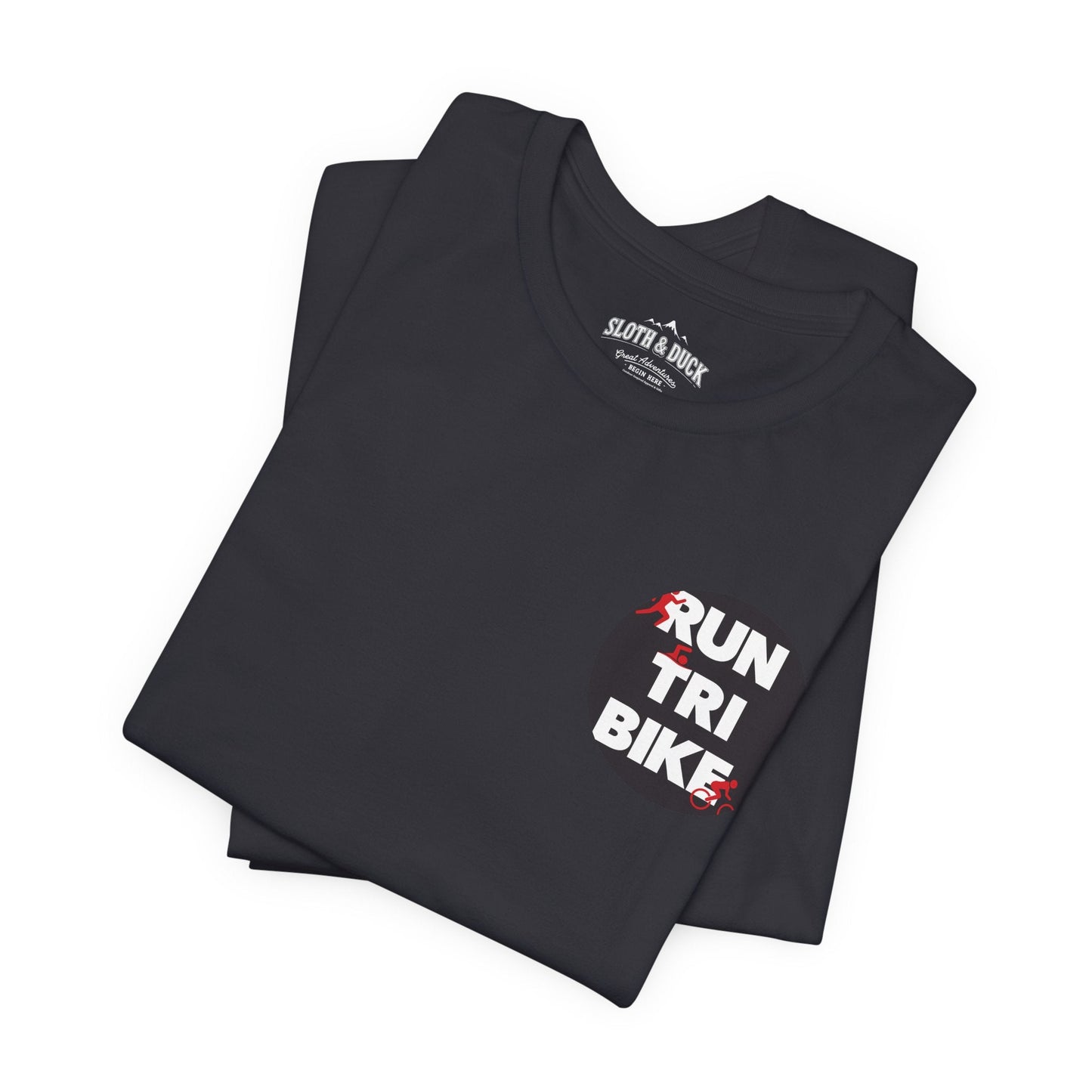 Run Tri Bike Logo T-Shirt with “I’m An Everyday Athlete” Back - Dark Grey - Sloth & Duck