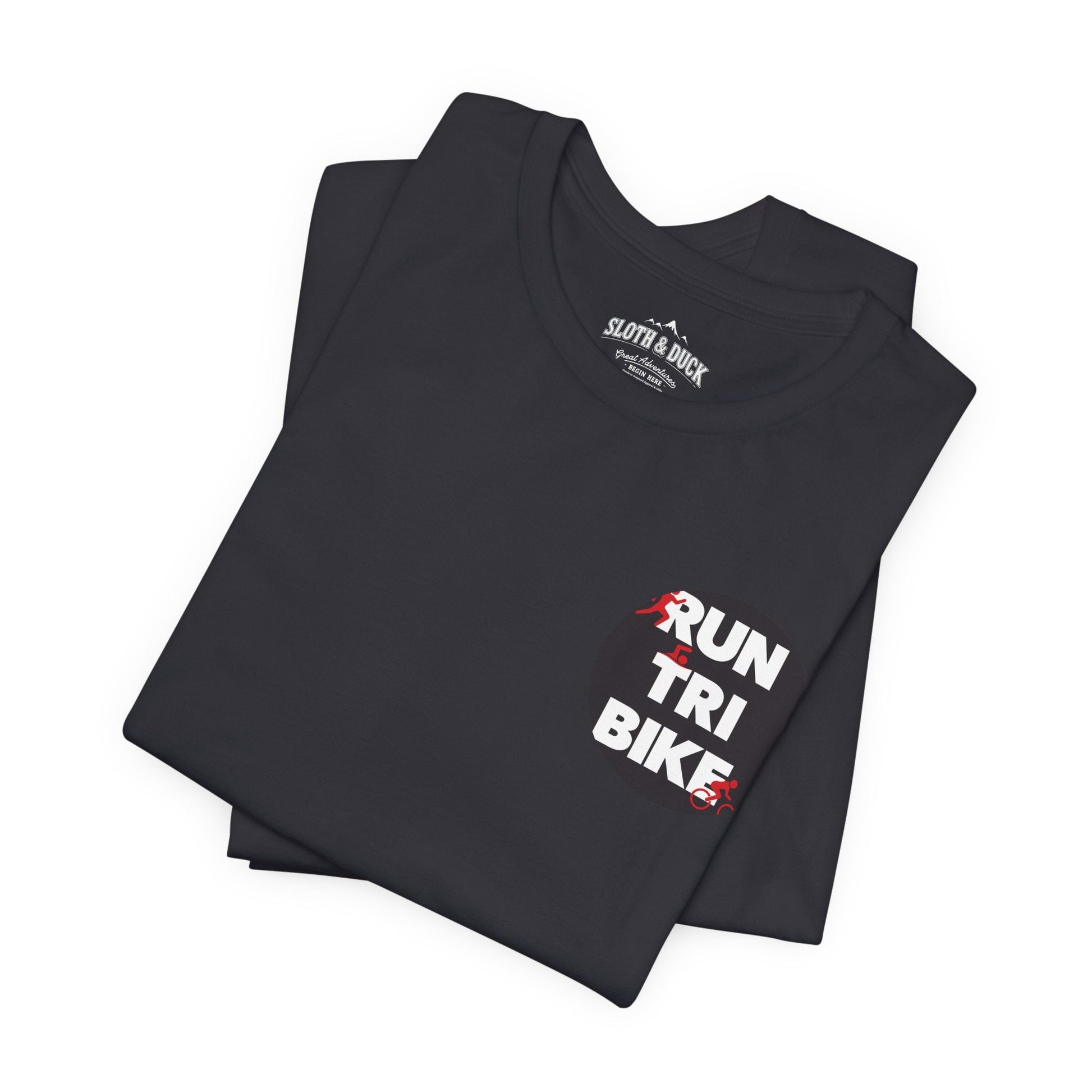 Run Tri Bike Logo T-Shirt with “I’m An Everyday Athlete” Back - Dark Grey - Sloth & Duck