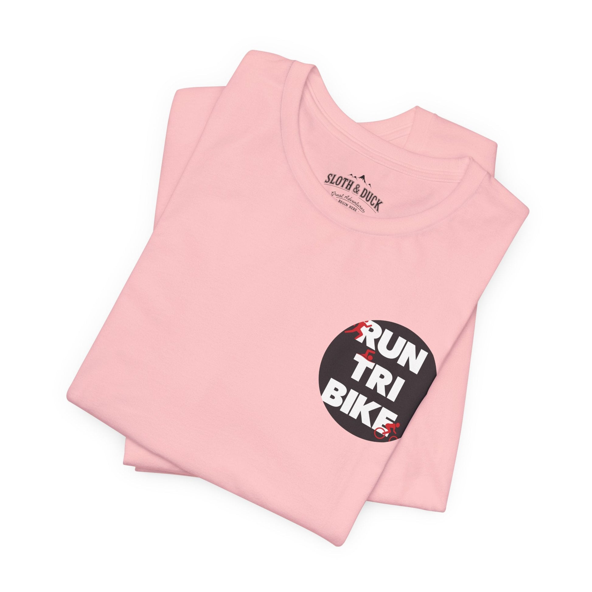 Run Tri Bike Logo T-Shirt with “I’m An Everyday Athlete” Back - Pink - Sloth & Duck
