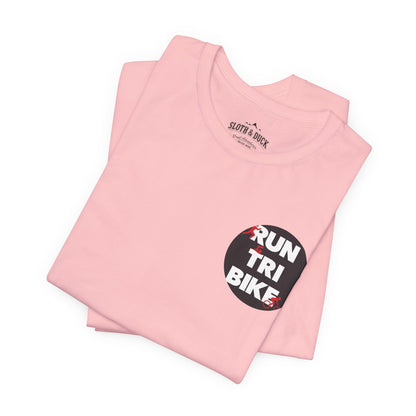 Run Tri Bike Logo T-Shirt with “I’m An Everyday Athlete” Back - Pink - Sloth & Duck