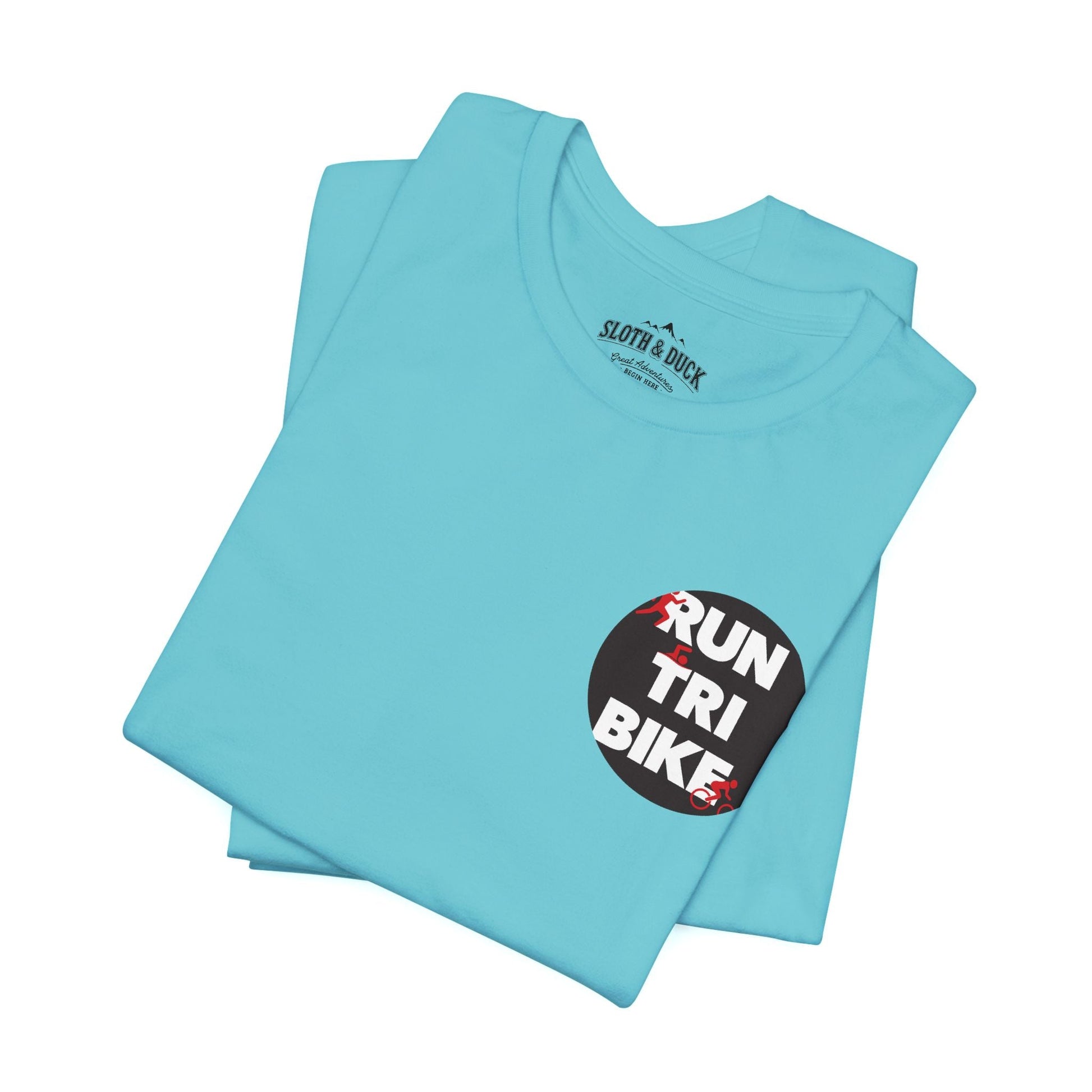 Run Tri Bike Logo T-Shirt with “I’m An Everyday Athlete” Back - Turquoise - Sloth & Duck