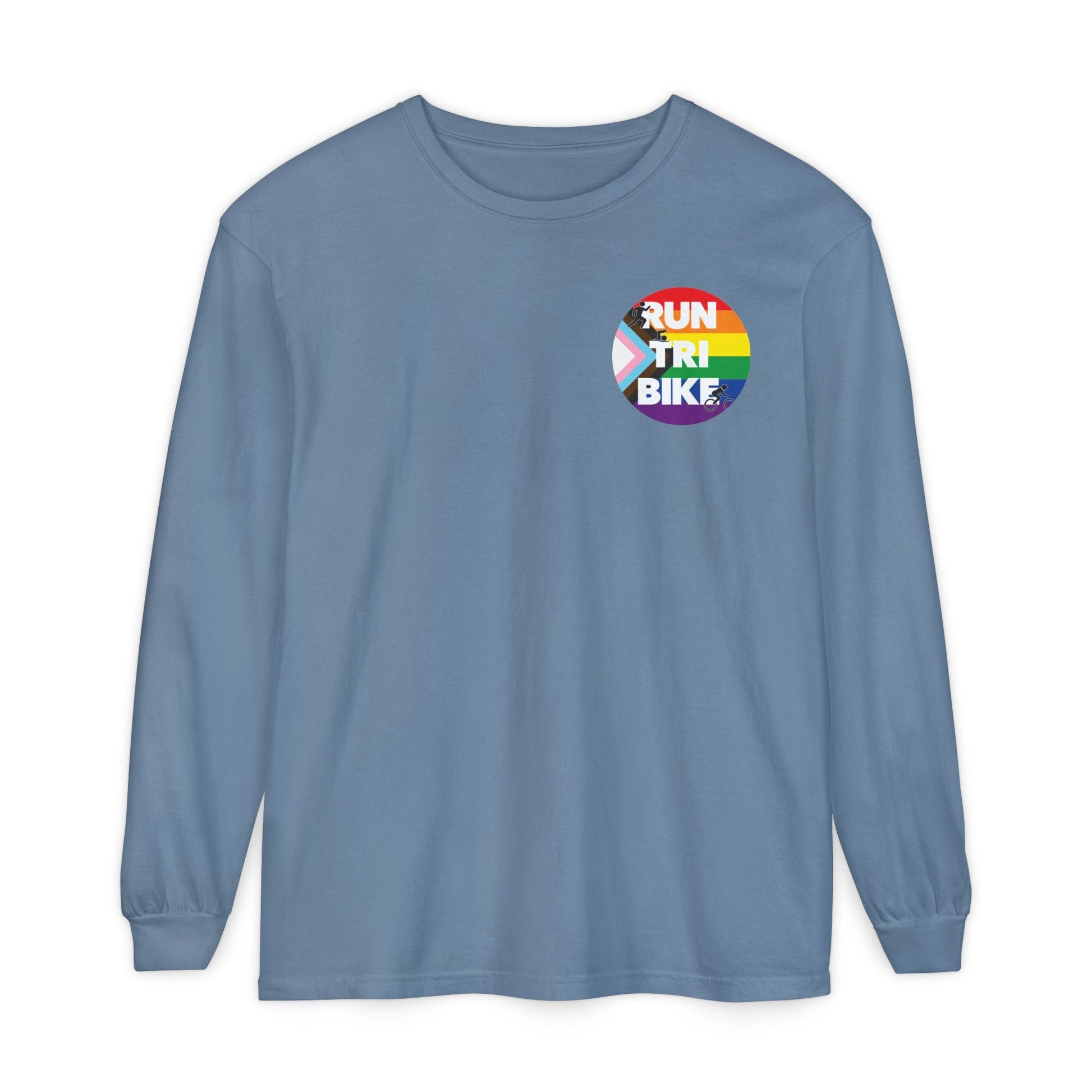 Run Tri Bike Pride Logo Long Sleeve with “I’m An Everyday Athlete” Back - Blue Jean - Sloth & Duck