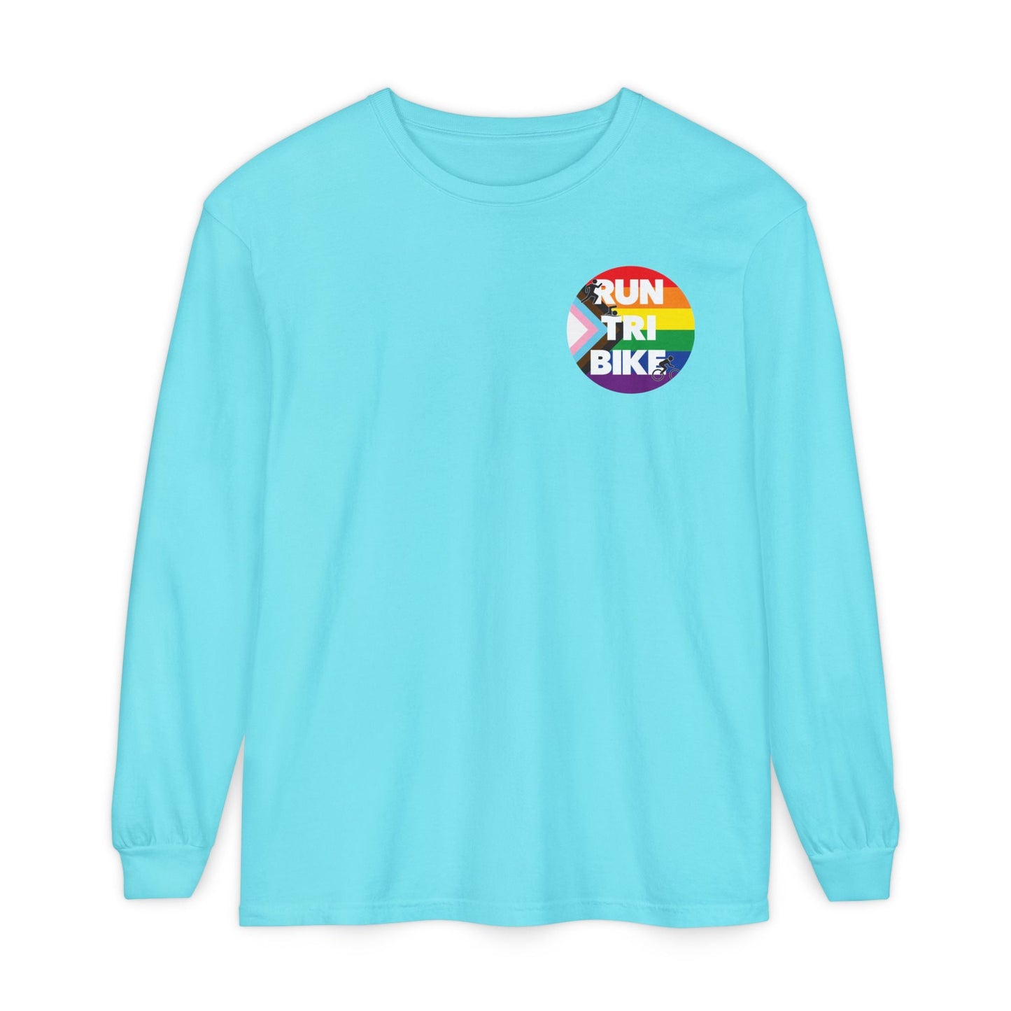 Run Tri Bike Pride Logo Long Sleeve with “I’m An Everyday Athlete” Back - Lagoon Blue - Sloth & Duck