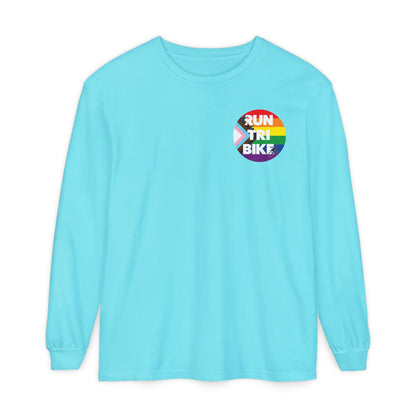 Run Tri Bike Pride Logo Long Sleeve with “I’m An Everyday Athlete” Back - Lagoon Blue - Sloth & Duck