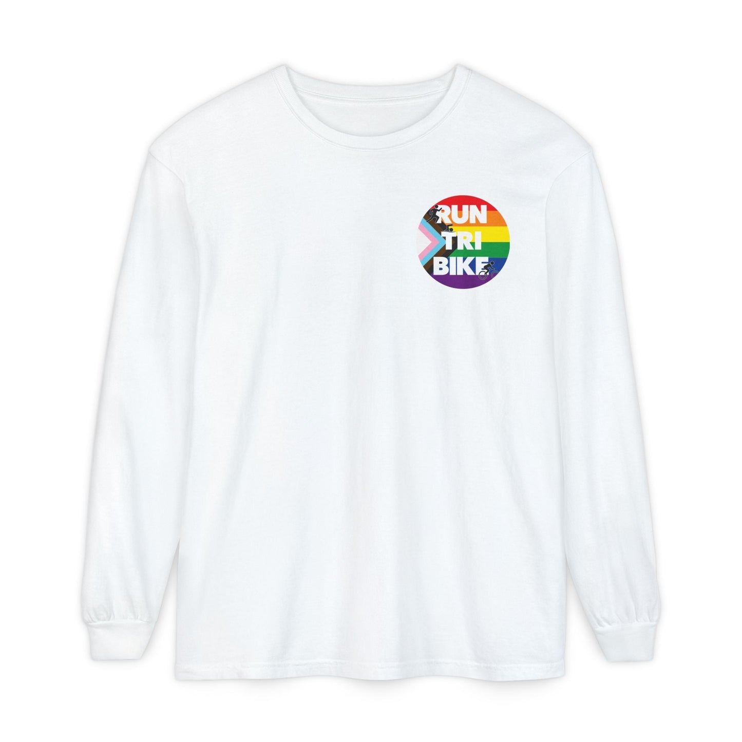 Run Tri Bike Pride Logo Long Sleeve with “I’m An Everyday Athlete” Back - White - Sloth & Duck