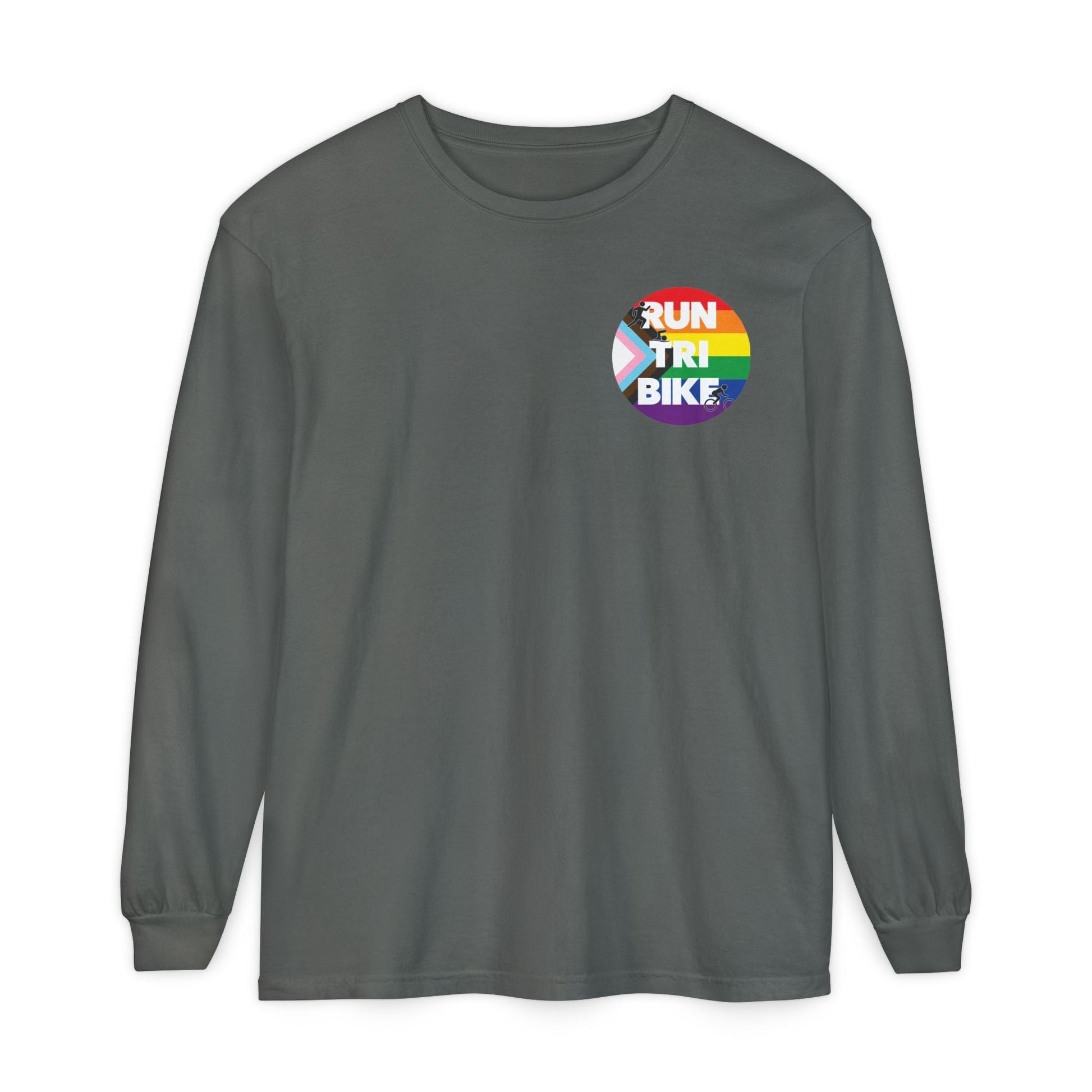 Run Tri Bike Pride Logo Long Sleeve with “I’m An Everyday Athlete” Back - Pepper - Sloth & Duck