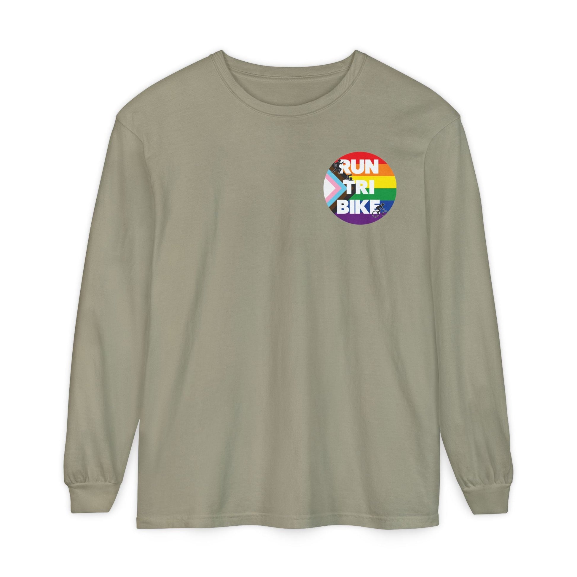 Run Tri Bike Pride Logo Long Sleeve with “I’m An Everyday Athlete” Back - Sandstone - Sloth & Duck