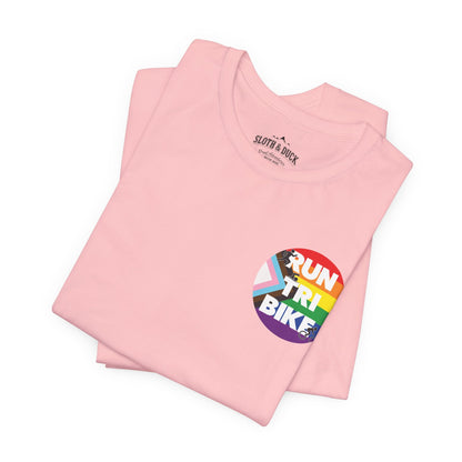 Run Tri Bike Pride T-Shirt with “I’m An Everyday Athlete” Back - Pink - Sloth & Duck