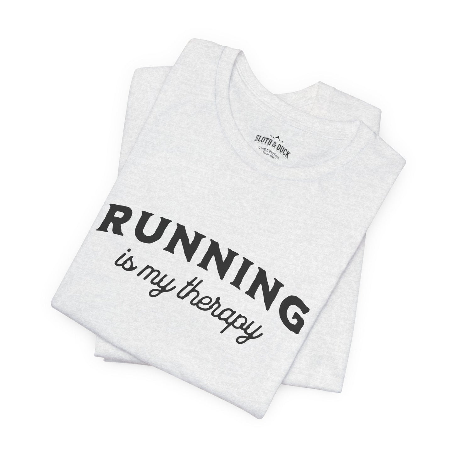 "Running Is My Therapy" T-Shirt with "I Love Running" on the Left Sleeve - White - Sloth & Duck