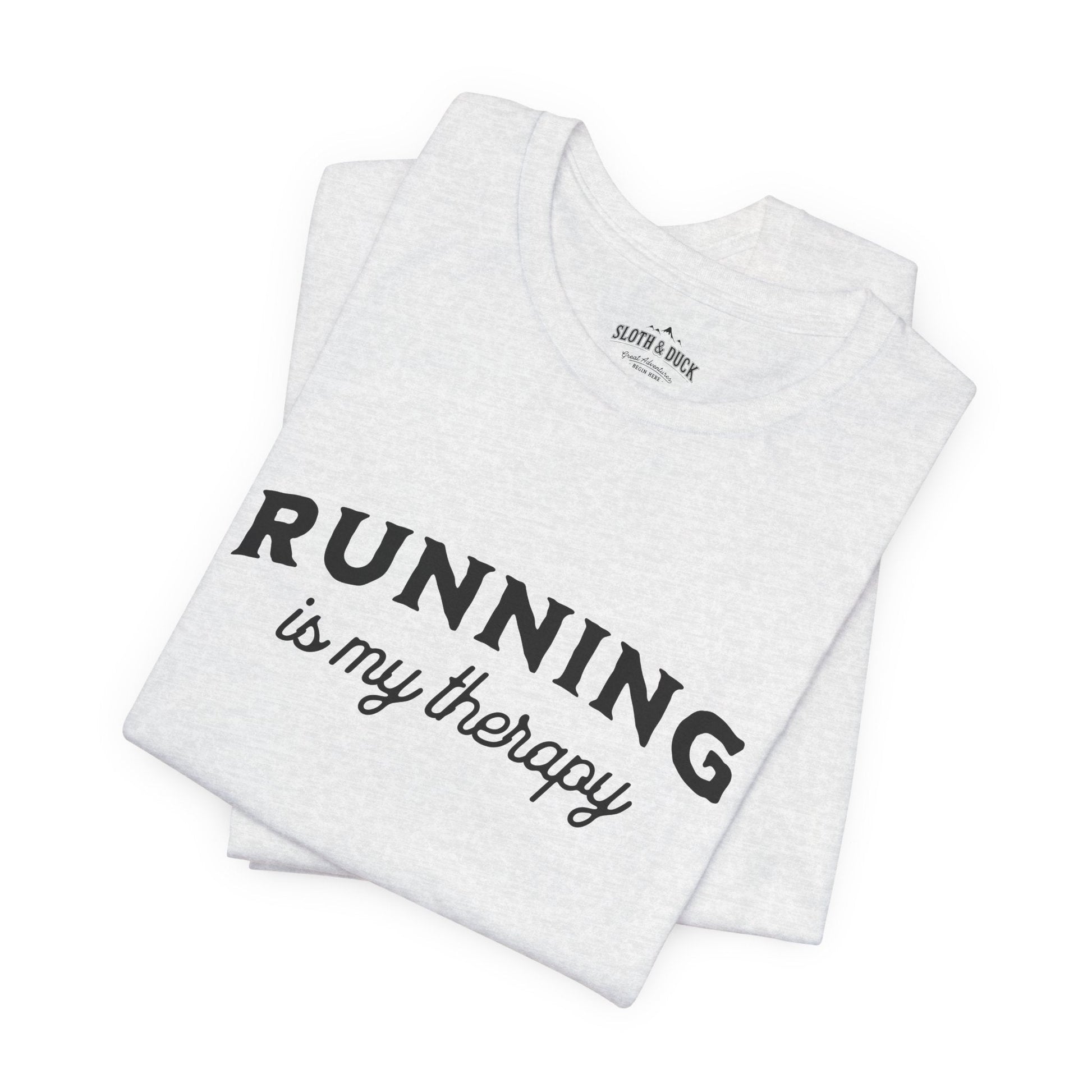 "Running Is My Therapy" T-Shirt with "I Love Running" on the Left Sleeve - White - Sloth & Duck