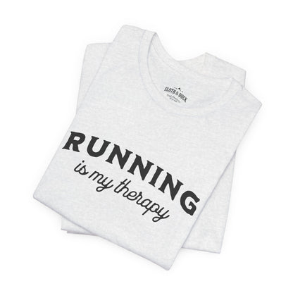 "Running Is My Therapy" T-Shirt with "I Love Running" on the Left Sleeve - White - Sloth & Duck