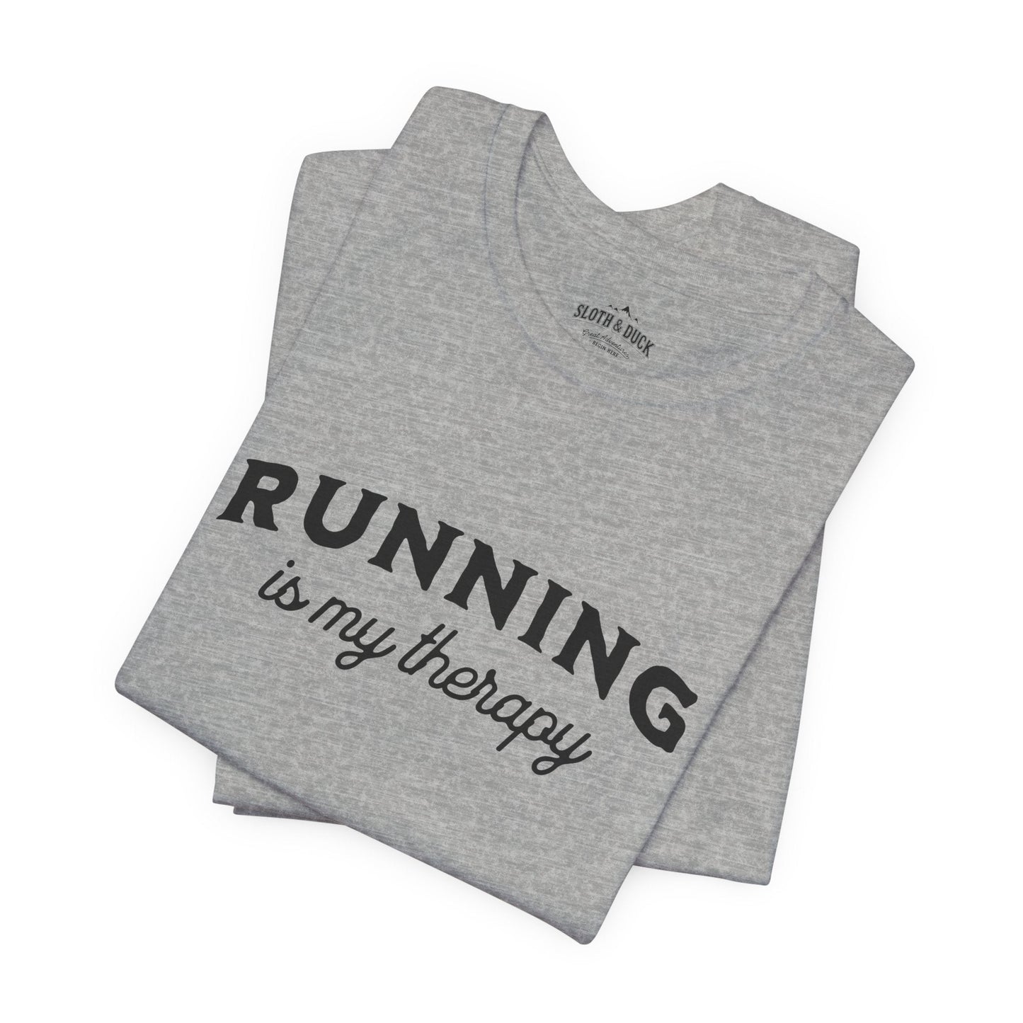 "Running Is My Therapy" T-Shirt with "I Love Running" on the Left Sleeve - Athletic Heather - Sloth & Duck