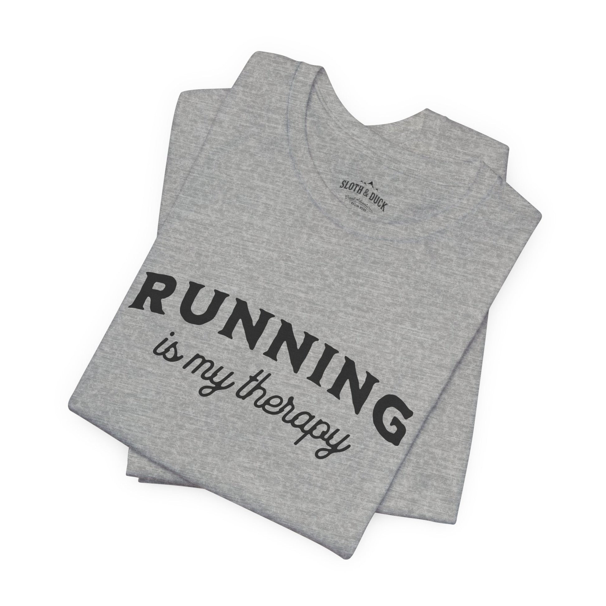 "Running Is My Therapy" T-Shirt with "I Love Running" on the Left Sleeve - Athletic Heather - Sloth & Duck