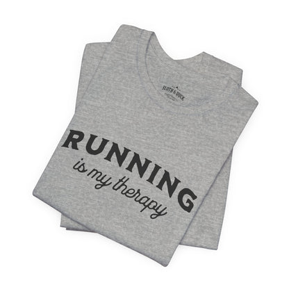 "Running Is My Therapy" T-Shirt with "I Love Running" on the Left Sleeve - Athletic Heather - Sloth & Duck