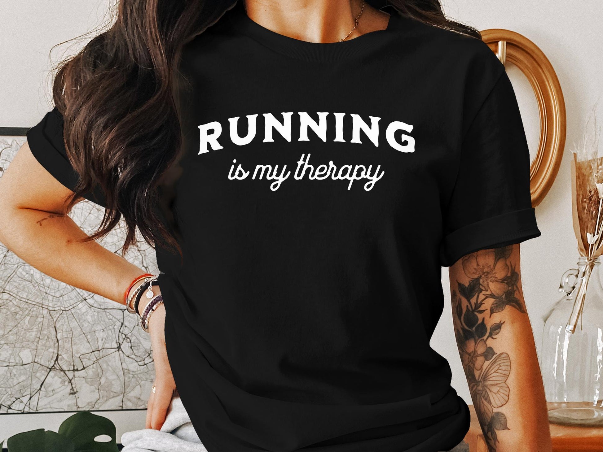 "Running Is My Therapy" T-Shirt with "I Love Running" on the Left Sleeve - Athletic Heather - Sloth & Duck
