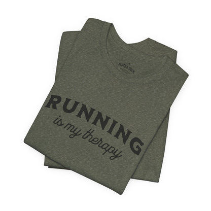 "Running Is My Therapy" T-Shirt with "I Love Running" on the Left Sleeve - Heather Military Green - Sloth & Duck