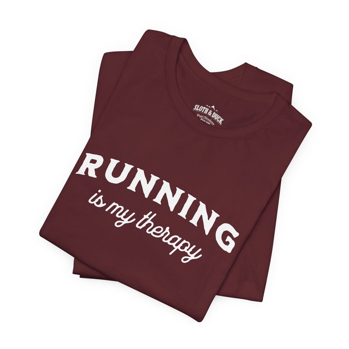 "Running Is My Therapy" T-Shirt with "I Love Running" on the Left Sleeve - Maroon - Sloth & Duck