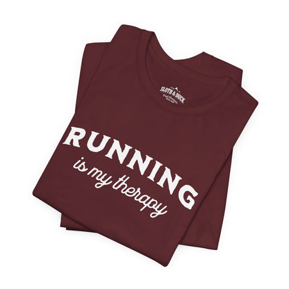 "Running Is My Therapy" T-Shirt with "I Love Running" on the Left Sleeve - Maroon - Sloth & Duck