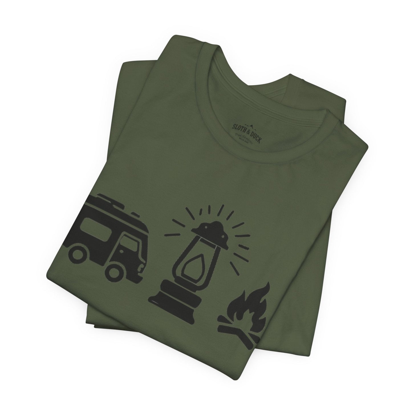 "RV. Lantern. Campfire." Graphic T-Shirt - Military Green - Sloth & Duck