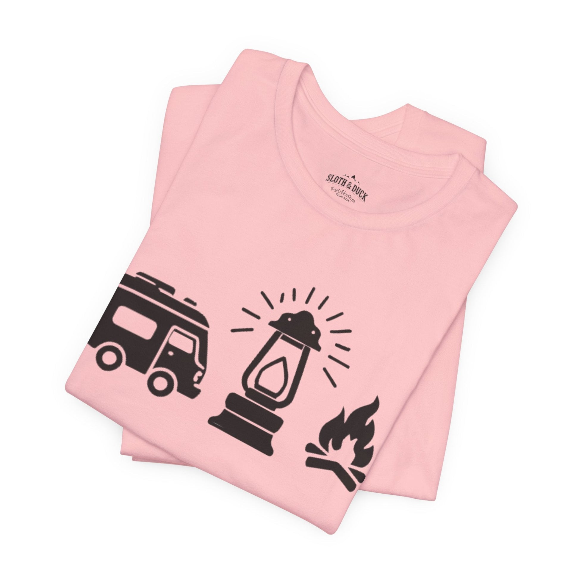 "RV. Lantern. Campfire." Graphic T-Shirt - Pink - Sloth & Duck