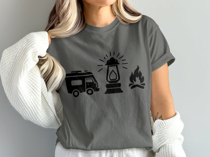 "RV. Lantern. Campfire." Graphic T-Shirt - Pink - Sloth & Duck