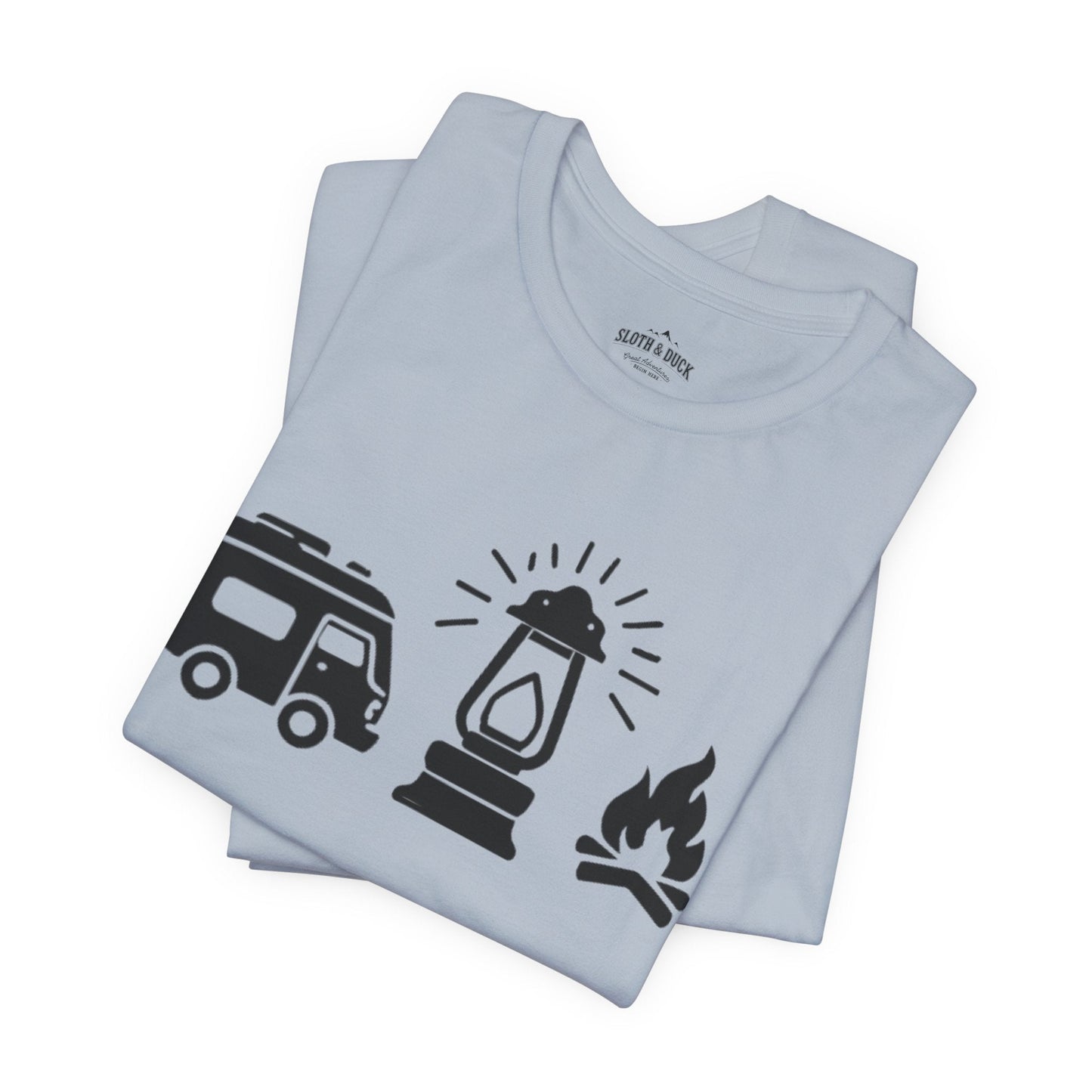 "RV. Lantern. Campfire." Graphic T-Shirt - Light Blue - Sloth & Duck