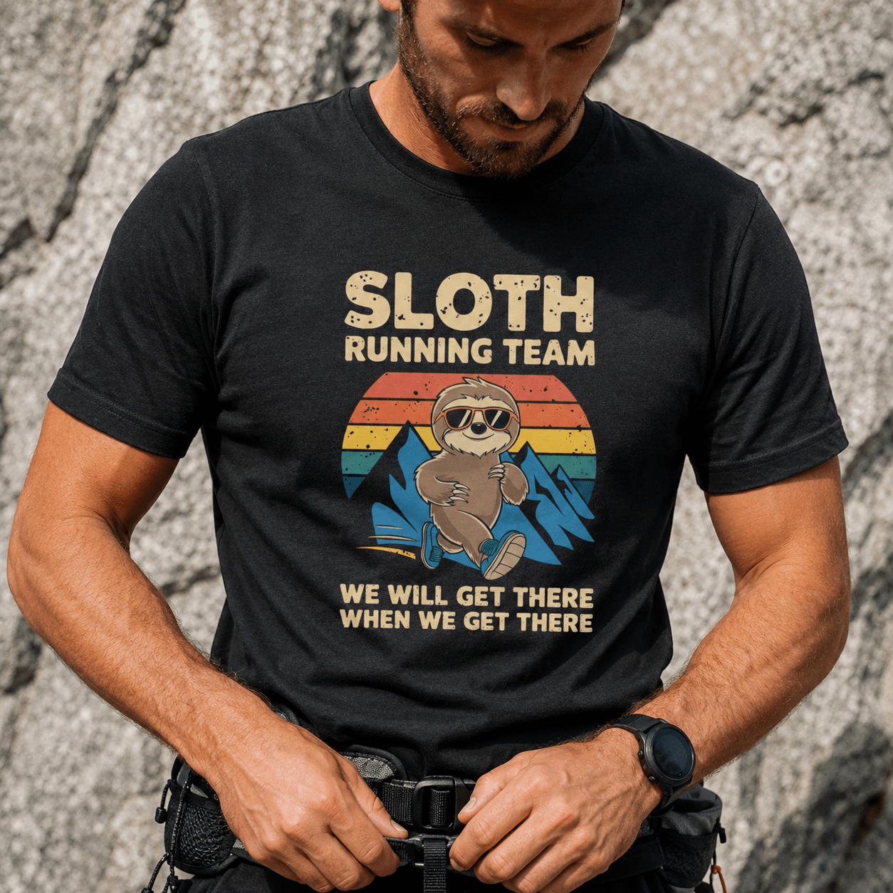 "Sloth Running Team, We Will Get There When We Get There" T-Shirt - Solid Black Blend - Sloth & Duck