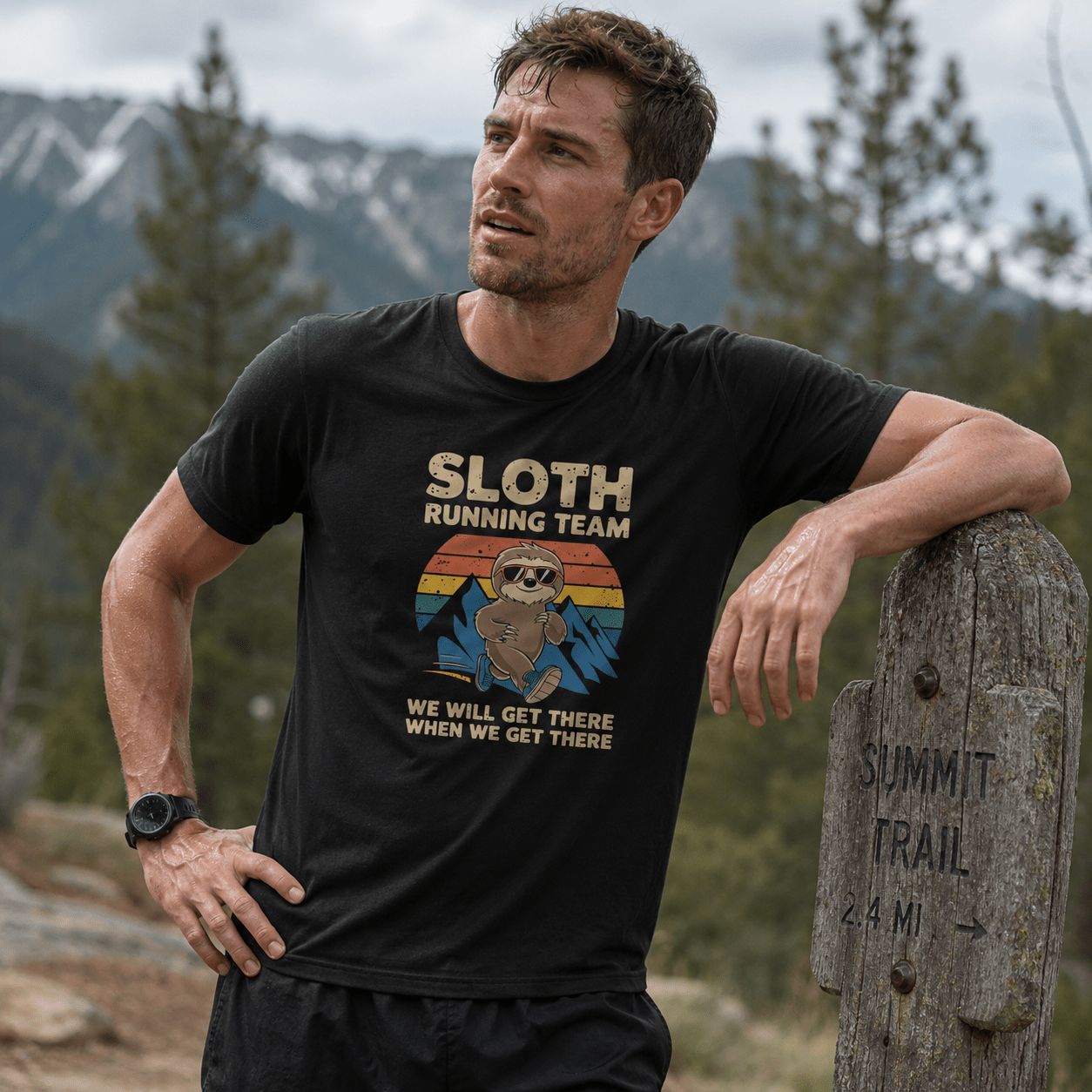 "Sloth Running Team, We Will Get There When We Get There" T-Shirt - Solid Black Blend - Sloth & Duck