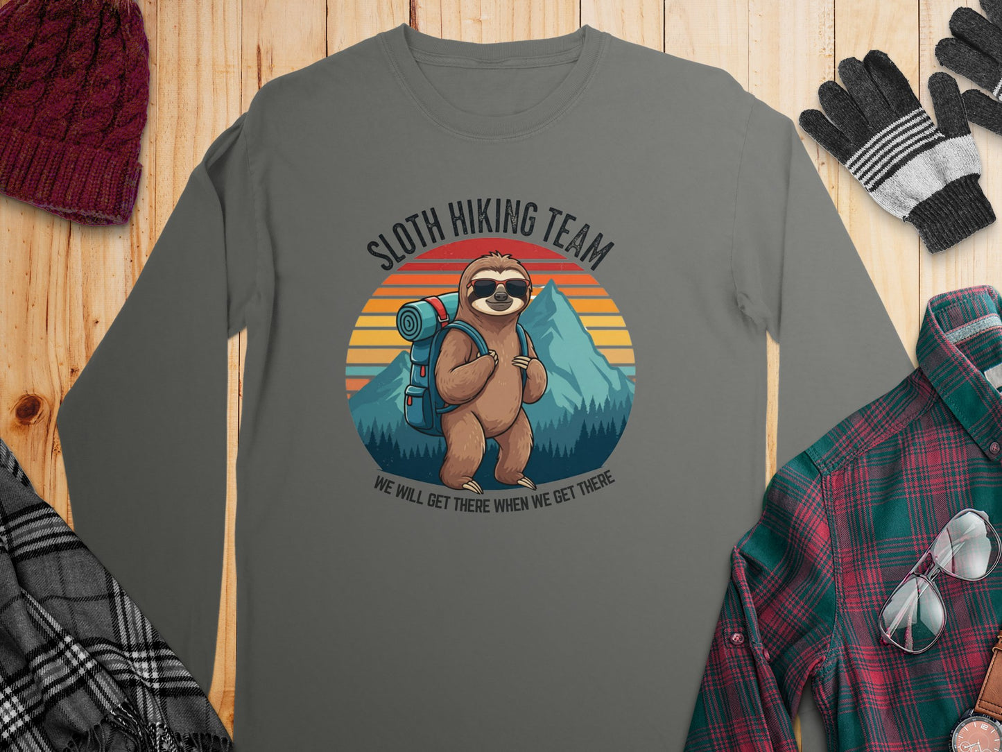 sloth hiking team we will get there when we get there crewneck gray