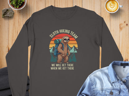 sloth hiking team we will get there when we get there crewneck grey