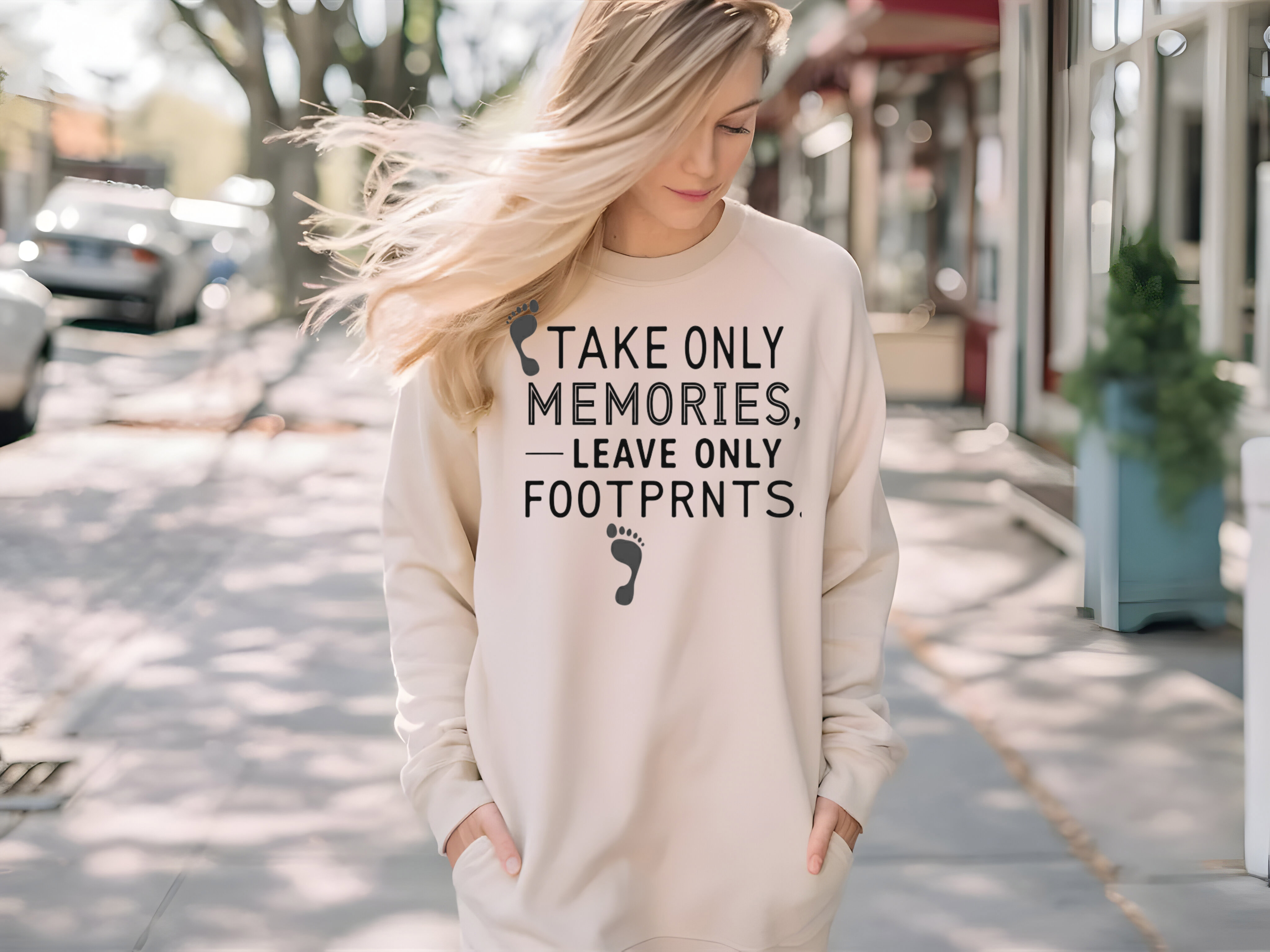 take only memories leave only footprints beige crewneck sweatshirt