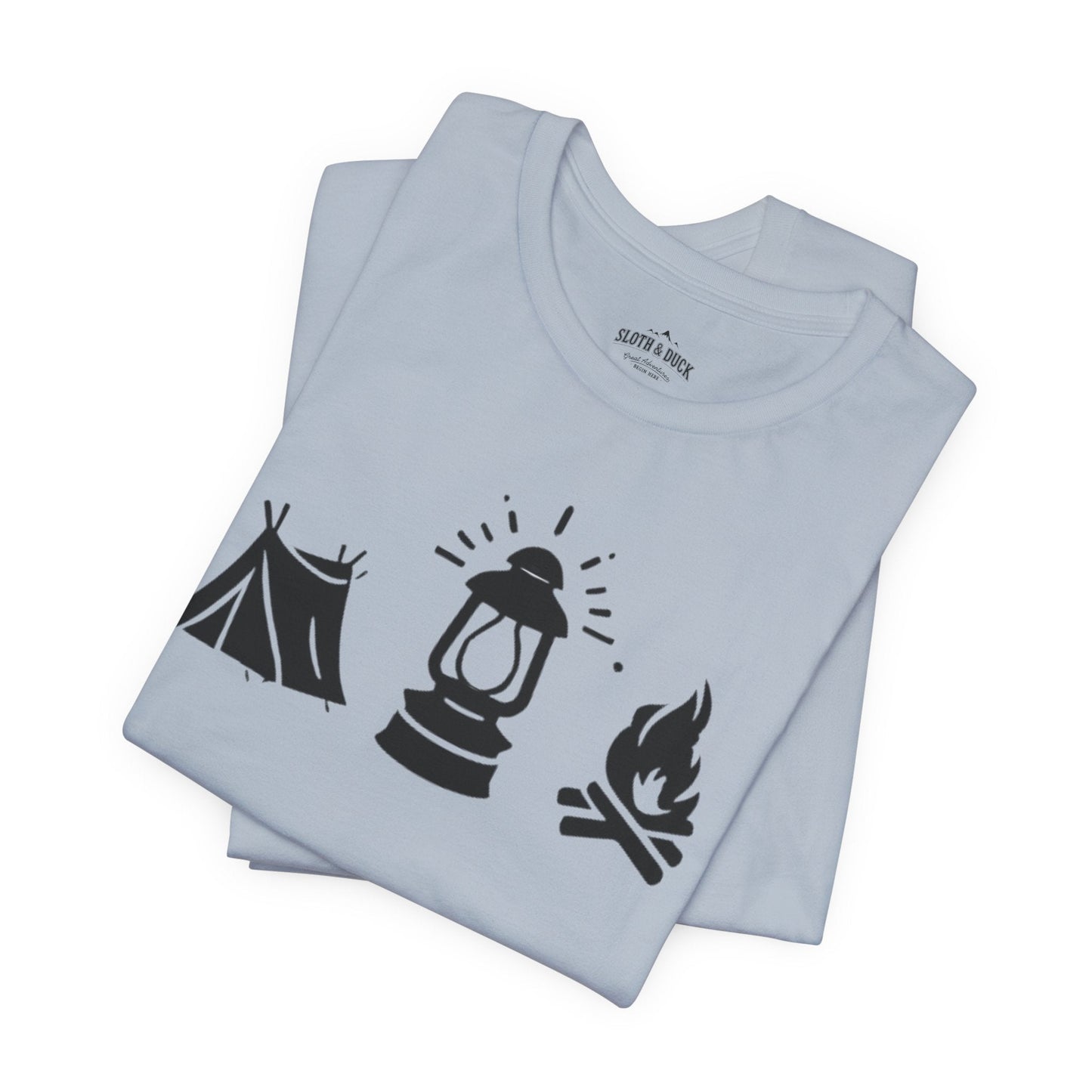 "Tent. Lantern. Campfire." Graphic T-Shirt - Light Blue - Sloth & Duck