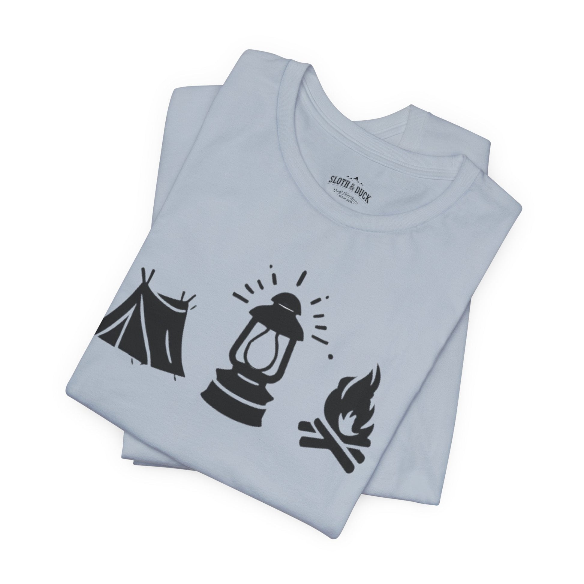 "Tent. Lantern. Campfire." Graphic T-Shirt - Light Blue - Sloth & Duck
