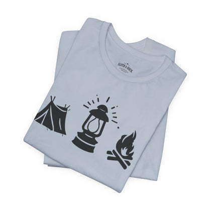 "Tent. Lantern. Campfire." Graphic T-Shirt - Light Blue - Sloth & Duck