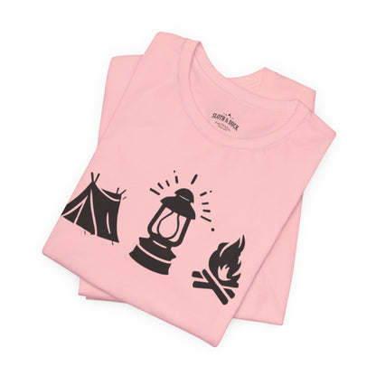 "Tent. Lantern. Campfire." Graphic T-Shirt - Pink - Sloth & Duck