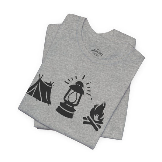 "Tent. Lantern. Campfire." Graphic T-Shirt - Athletic Heather - Sloth & Duck