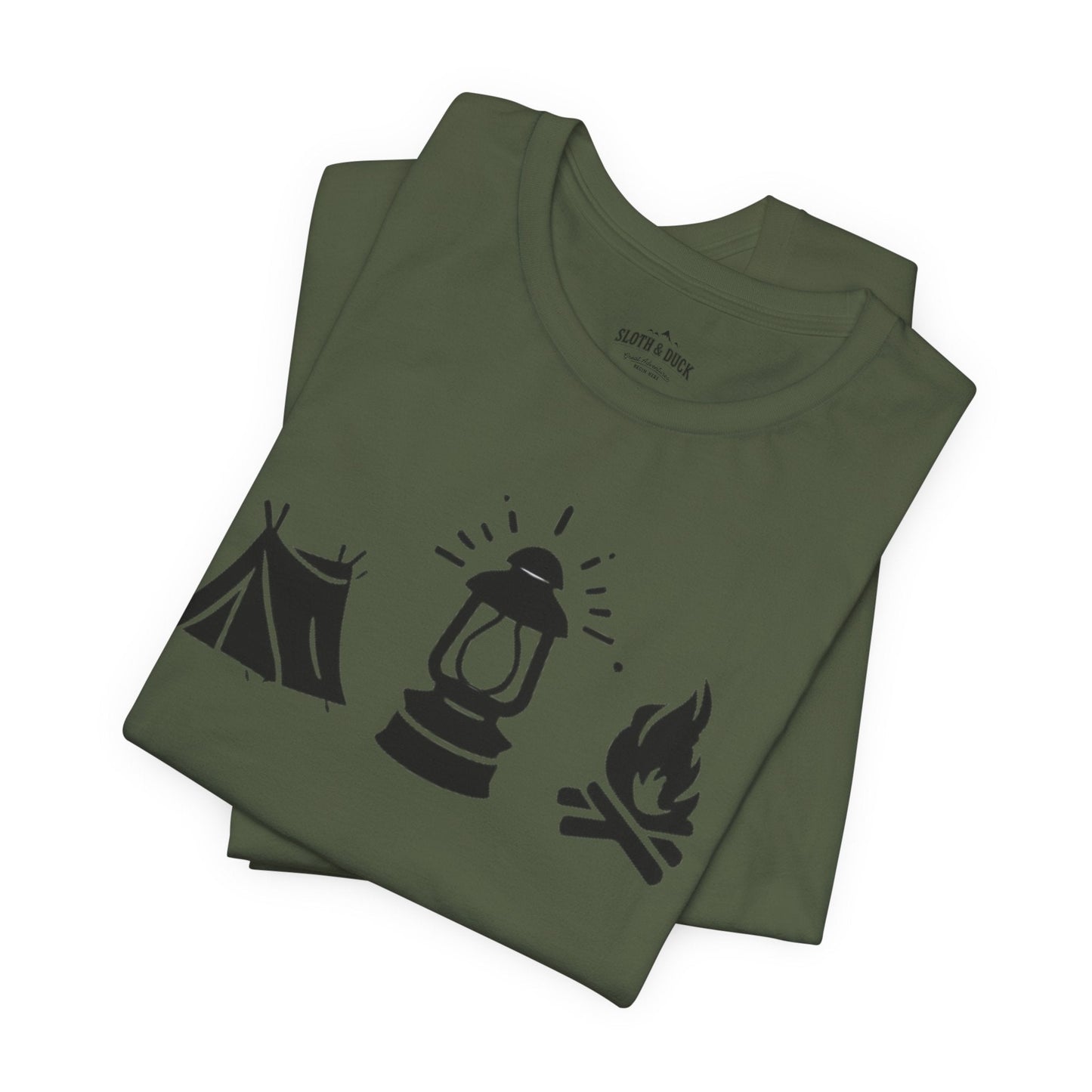 "Tent. Lantern. Campfire." Graphic T-Shirt - Military Green - Sloth & Duck