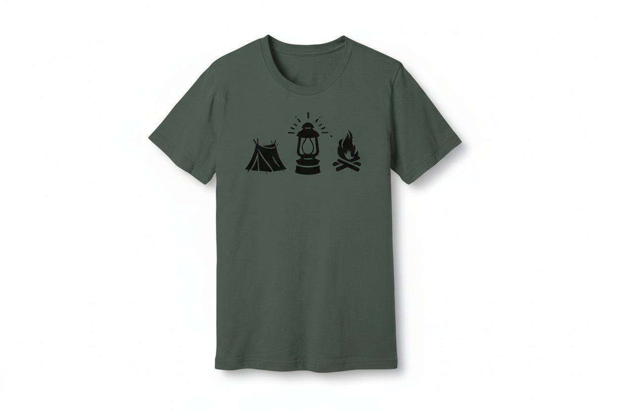 "Tent. Lantern. Campfire." Graphic T-Shirt - Athletic Heather - Sloth & Duck