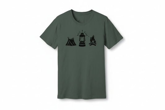 "Tent. Lantern. Campfire." Graphic T-Shirt - Athletic Heather - Sloth & Duck